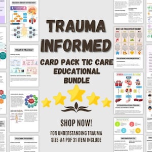 トラウマに関する情報教育バンドル、トラウマガイド、チックケアカードパック、印刷可能なパック、セラピストリソース、トラウマの癒し、トラウマセルフケア