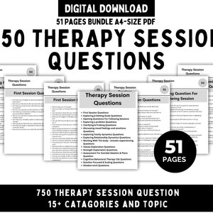 May include: A black and white digital download product listing for 750 therapy session questions. The listing includes 51 pages of questions categorised by topic, such as first session questions, opening questions, and mood and feelings questions.