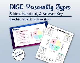 DISC Personality Types Worksheet, Answer Key & Slides: Blue and Pink Theme