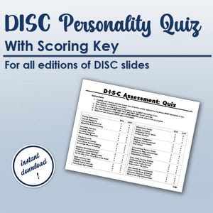 May include: A DISC Personality Quiz with a scoring key. The image includes a printed D-I-S-C Assessment Quiz sheet and a circular "instant download" graphic. The text on the quiz sheet is black on a white background.