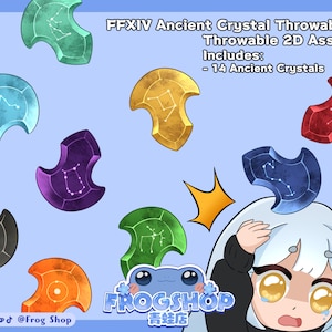 Op de afbeelding: Een digitale illustratie van 14 verschillende gekleurde kristallen met sterrenbeelden erop. De kristallen zijn gerangschikt rond een cartoonfiguur met een verraste uitdrukking. De tekst "FFXIV Ancient Crystal Throwables Throwable 2D Assets Includes: - 14 Ancient Crystals" staat bovenaan de afbeelding. De tekst "FROGSHOP 青蛙店" staat onderaan de afbeelding.