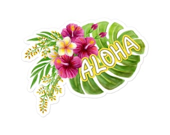 May include: A sticker with a green tropical leaf, pink and white flowers, and the word "ALOHA" in yellow letters.