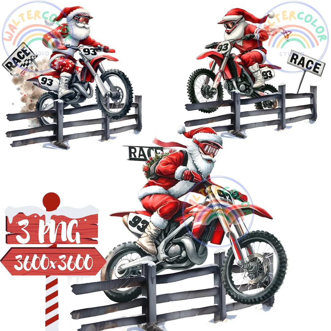 3 Watercolor Motocross Bike Christmas Santa Digital Download Christmas