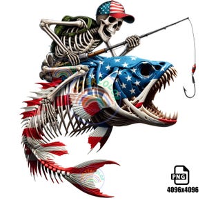 May include: A skeleton wearing a red, white, and blue hat and holding a fishing rod is riding a fish with an American flag design. The fish is open-mouthed and has a red, white, and blue design.