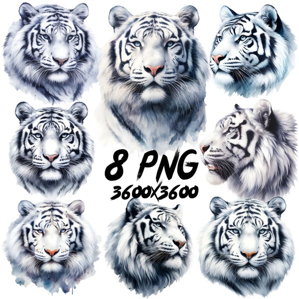 8 White Tiger  | Water color | Clipart |8 High Quality JPG And PNG | Digital Download-Card Making, Mixed Media, Digital Papercraft