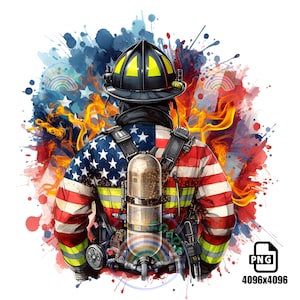 Firefighter American Flag Watercolor Clipart (PNG Digital Download)