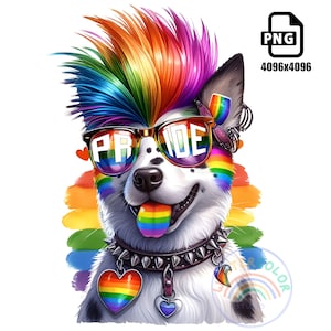 May include: A cartoon dog with a rainbow mohawk, wearing rainbow sunglasses with the word "PRIDE" on them. The dog has a rainbow tongue sticking out and is wearing a studded collar with a rainbow heart charm.
