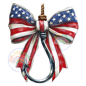 May include: A red, white and blue American flag bow tied around a silver fishing hook.