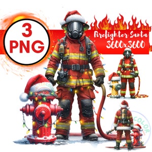 3 Bombero de Navidad / Acuarela Clipart / PNG / Bombero Navidad / Bombero PNG / Navidad festiva Bombero / hidrante Navidad
