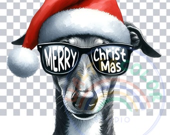 May include: A watercolour illustration of a greyhound wearing a Santa hat and sunglasses. The sunglasses read "MERRY Christ Mas". The dog has a black and white coat and a red Santa hat with a white pompom.