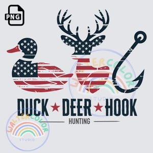 May include: A patriotic design featuring a duck, deer, and fishing hook, each incorporating the American flag's stars and stripes. The words "DUCK * DEER * HOOK" and "HUNTING" are displayed in bold text.