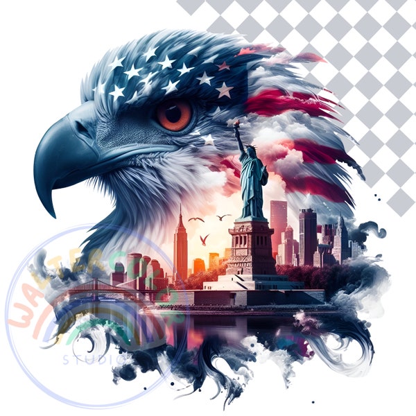 Watercolor Landmarks Clipart |  Statue of Liberty | bird Eagle USA flag | Instant Download for Commercial Use | Eagle PNG | USA illustration