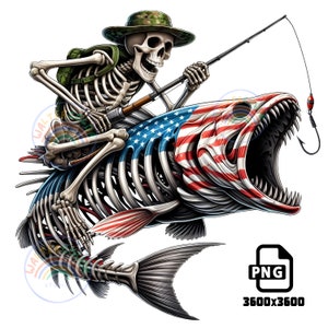 American Flag Fish Skeleton PNG: Funny Fishing Hunter (Digital Download)