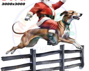 May include: A digital illustration of Father Christmas riding a brown and white dog over a wooden fence. He wears a red suit and hat, with a white beard. The image has the text "PNG 3000x3000" in the top left corner.
