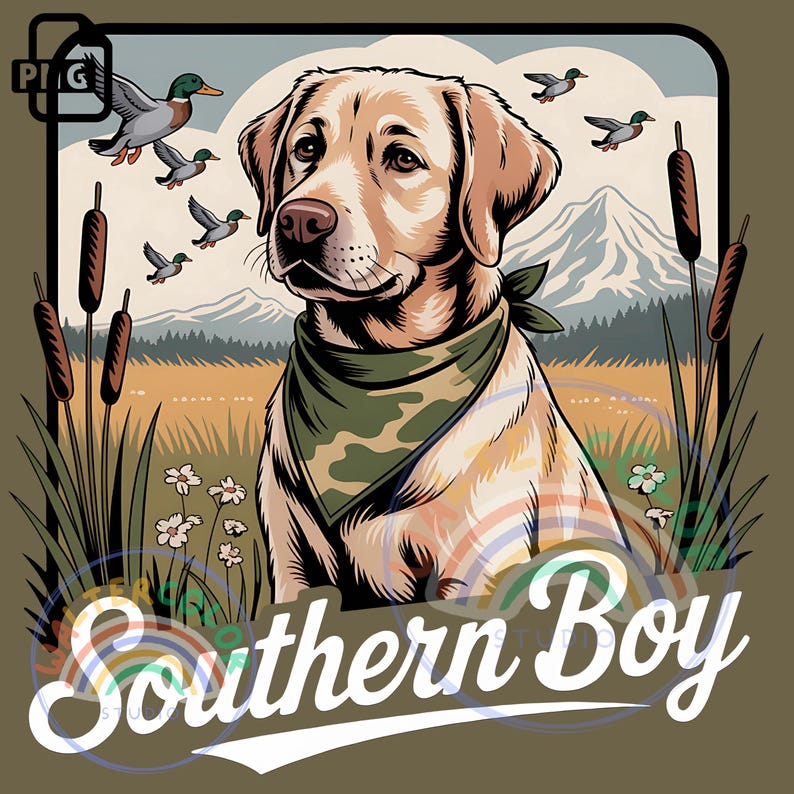 Op de afbeelding: Illustratie van een gele Labrador Retriever met een groene camouflage bandana, met eenden op de achtergrond. De tekst "Southern Boy" staat in witte letters onder de hond, tegen een bruine achtergrond.
