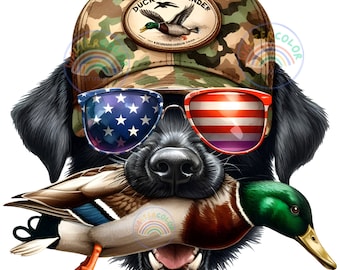 Duck Hunting Dog PNG: Patriotic Sunglasses, Camo Hat (Digital Download)