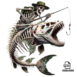 May include: A skeleton wearing a camouflage hat and backpack is riding a skeletal fish with a fishing rod and a lure. The fish has a green camouflage pattern.