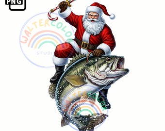 Puede incluir: Ilustración digital de Papá Noel montando un róbalo, sosteniendo una espada de bastón de caramelo. Viste un traje rojo con cinturón y botas negras. El pez es verde, negro y blanco. La imagen tiene el texto "WALTERCOLOR STUDIO" y un arcoíris.