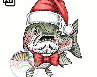 Puede incluir: Una ilustración caprichosa de un pez con un gorro de Papá Noel y una pajarita roja. El pez tiene un diseño detallado con un patrón de arcoíris y está sobre un fondo blanco. La imagen incluye el texto "PNG" en la esquina superior izquierda.