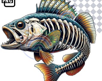 May include: A detailed illustration of a fish skeleton with a blue, green, yellow, and orange color scheme. The fish is depicted in a dynamic pose, with its mouth open and its fins spread out.