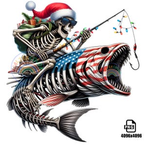Santa Skeleton Fishing on American Flag Fish PNG (Digital Download)