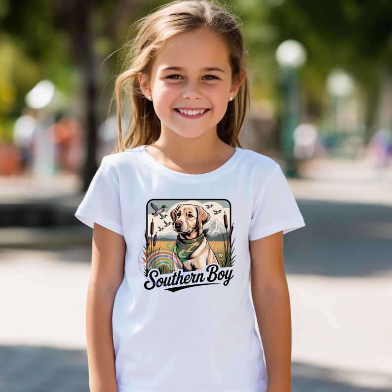 Op de afbeelding: Wit T-shirt met een afbeelding van een gele Labrador Retriever met een bandana, tegen een landschap met vogels en riet. De tekst "Southern Boy" staat eronder. Het T-shirt wordt door een jong meisje gedragen.