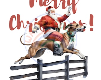 May include: A festive digital illustration featuring Santa Claus in a red suit riding a brown and tan dog over a fence. The words "Merry Christmas!" are written in red script above the image, perfect for the holiday season.