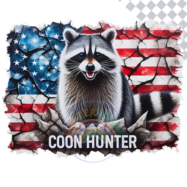 Raccoon Hunter | USA American Flag | Raccoon Png |  sublimation design or Clipart | digital downloads | Raccoon Clipart | Water color