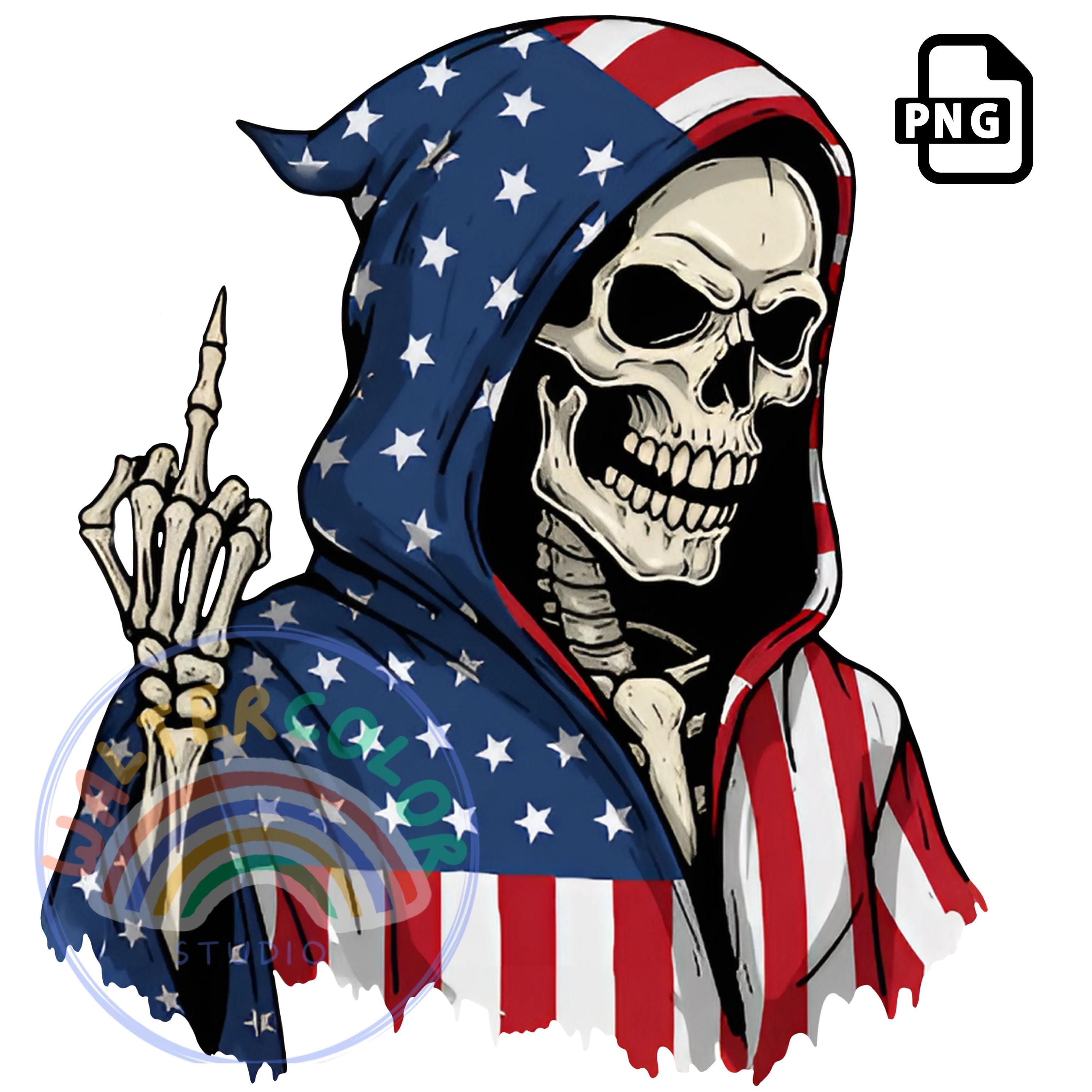 Patriotic Grim Reaper Skeleton PNG: USA Flag Skull (digital