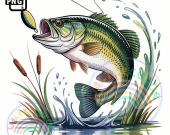 Zeebaarsvissen aquarel png: springen karper clipart (digitale download, commercieel gebruik OK