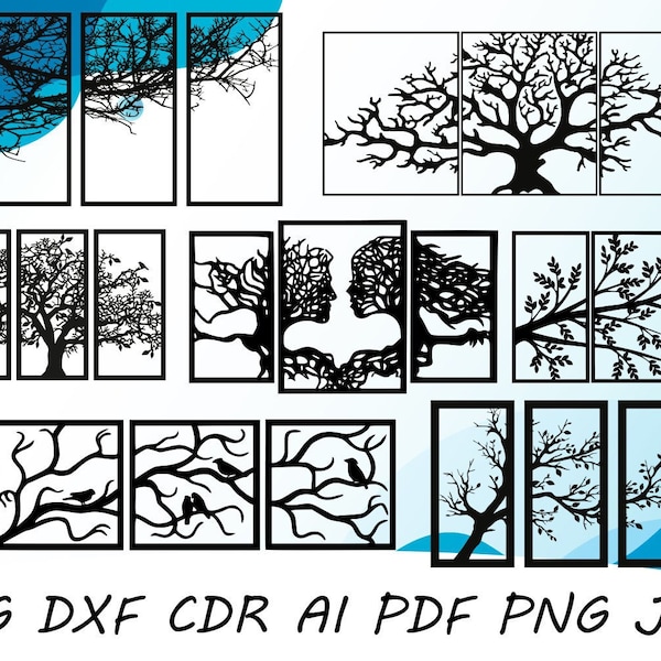 7 Triple Tree Wall Decor Design Bundle svg dxf file wall sticker pdf silhouette template cnc cutting router digital vector instant download