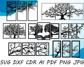 Tree Panel 7 Pcs Design svg dxf file wall sticker pdf silhouette template cnc cutting router digital vector instant download