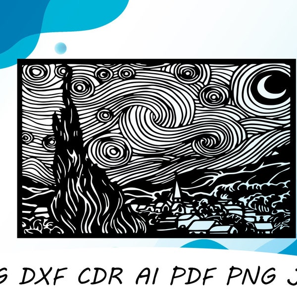 Van Gogh, Starry Night, Painting svg dxf file wall sticker pdf silhouette template cnc cutting router digital vector instant download
