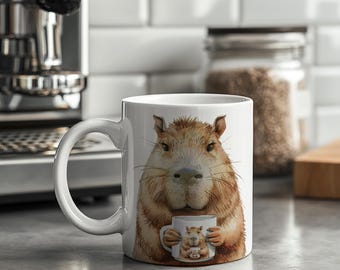 Cute Capybara Coffee Mug - Gift for Coffee Lover Who Loves Capybara - Watercolor Capybara Gift Mug - Coffee Drinking Capybara Mug Gift