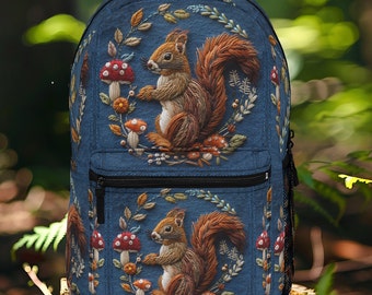 Zaino scoiattolo blu con simpatici scoiattoli rossi e funghi