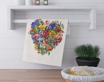 Floral Heart Tea Towel - Tea Towel Gift for Gardener - Kitchen Tea Towel for Gardener - Hostess Gift with Flower Towel - Mother's Day Gift