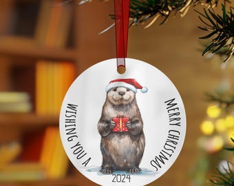 Otter Christmas Tree Ornaments - Hanging Christmas Tree Decoration - Metal Bell, Tree, Round or Oval Otter Christmas Tree Ornaments