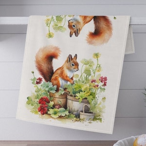 Kitchen Towel for Squirrel Lover - Tea Towel for Gardner - Housewarming Gift Squirrels - Cute Dish Towel for Squirrel Lover Who Gardens