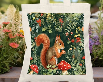 Squirrel Tote Bag for Mom - Squirrel in Forest Shopping Bag - Library Bag with Watercolor Squirrel - Forest Squirrel Gift for Squirrel Mom