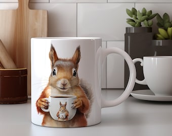 Cute Squirrel Coffee Mug - Gift for Coffee Lover Who Loves Squirrels - Watercolor Squirrel Gift Mug - Coffee Drinking Squirrel Mug Gift