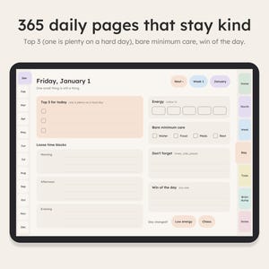 Dated daily planner page with top 3, energy and bare minimum care