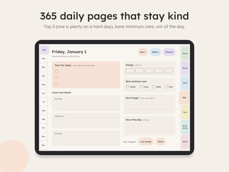 Dated daily planner page with top 3, energy and bare minimum care