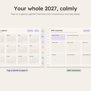 Dated daily page with month tabs and section tabs, any day two taps away