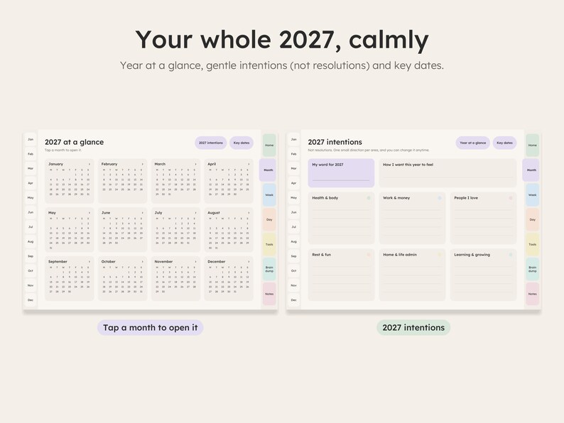 Dated daily page with month tabs and section tabs, any day two taps away