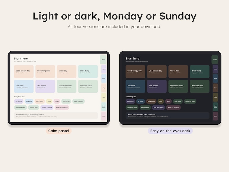 Light and dark theme versions of the planner