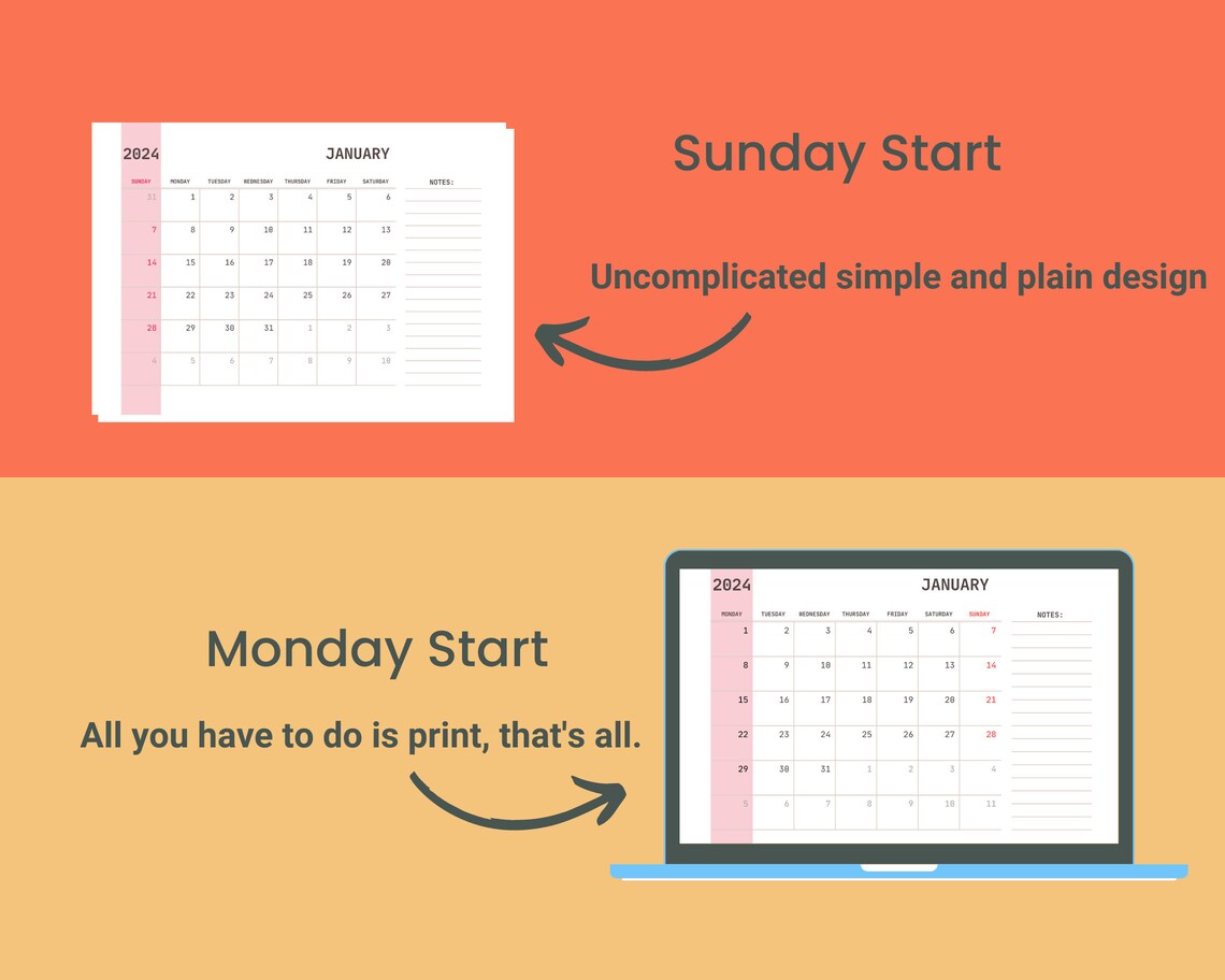 Printable 2024 Calendar 2024 Monthly Planner Monthly Etsy