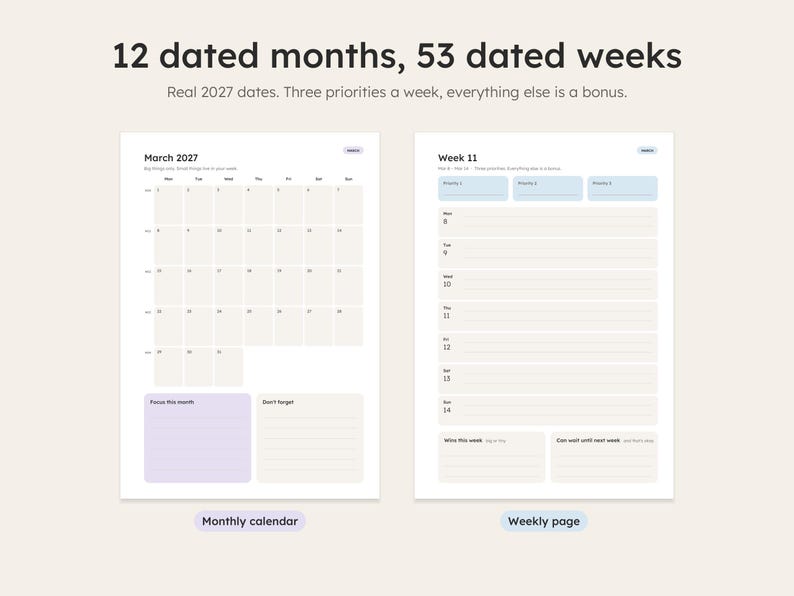 Dated monthly calendar and weekly planner printable pages