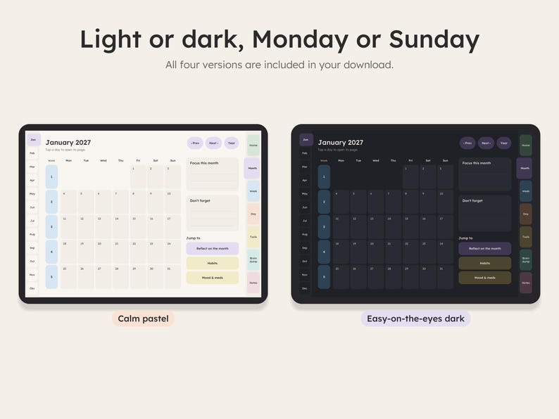 Light and dark theme versions of the 2027 planner
