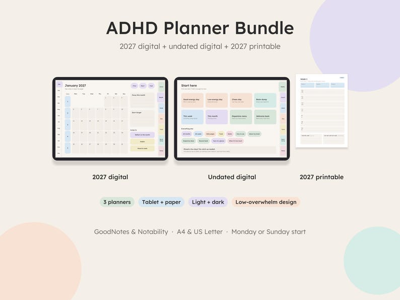 ADHD planner bundle: 2027 digital planner, undated digital planner and 2027 printable planner
