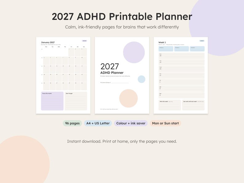 2027 ADHD printable planner pages: January calendar, cover and weekly page